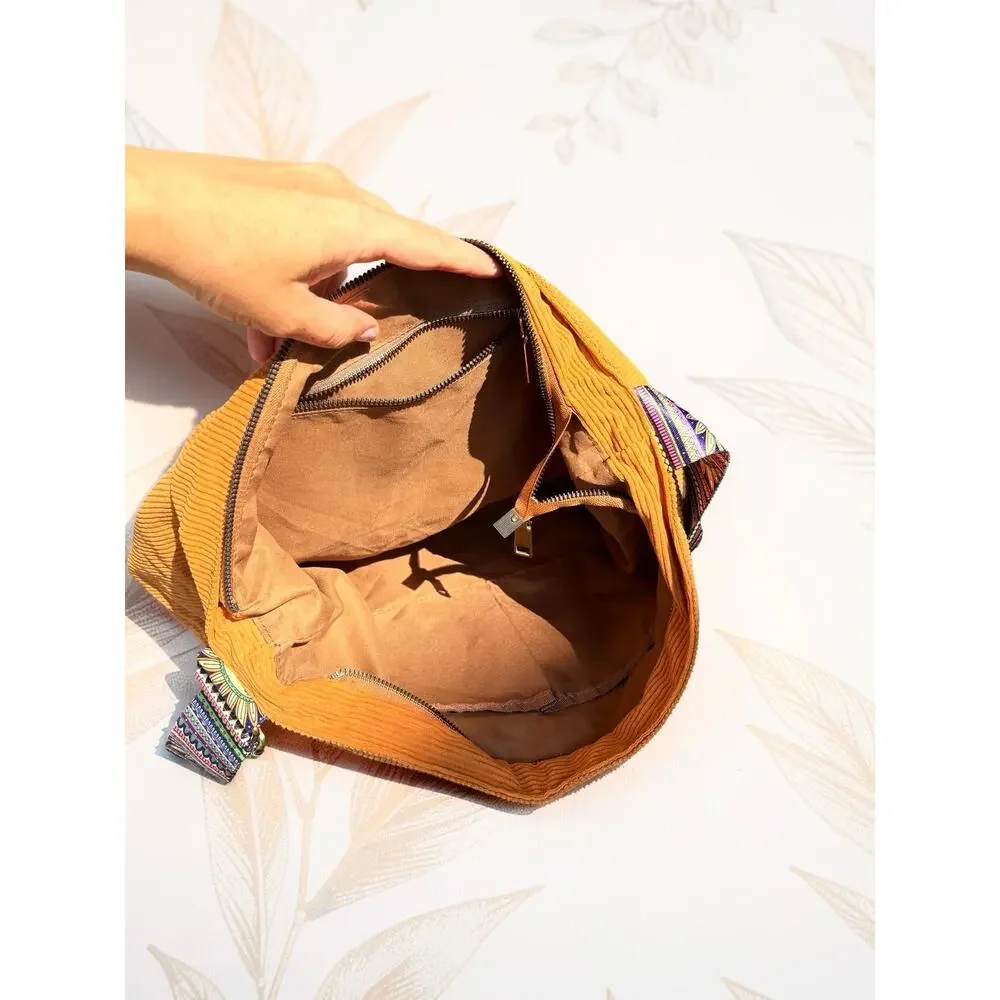 Brown Corduroy Hobo Bag Boho Multicolor Tribal Strap Slouchy Shoulder Purse